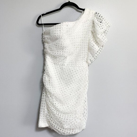 Ivory & Chain Eyelet White Ruffle Shoulder Ruched Mini Dress NWT Size 4 - Picture 2 of 13